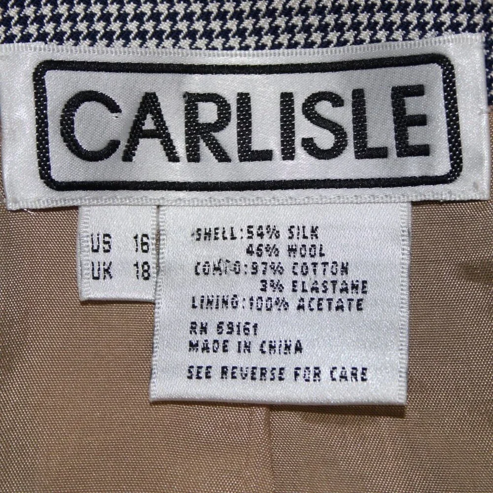 Carlisle Sz 16 Navy Blue White Brown Faux Pockets Lined Silk Wool Cotton Jacket - Picture 9 of 12